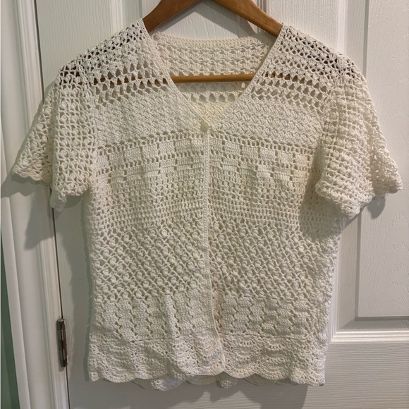 Vintage Tops - Women's White Crochet Short-Sleeve Cardigan